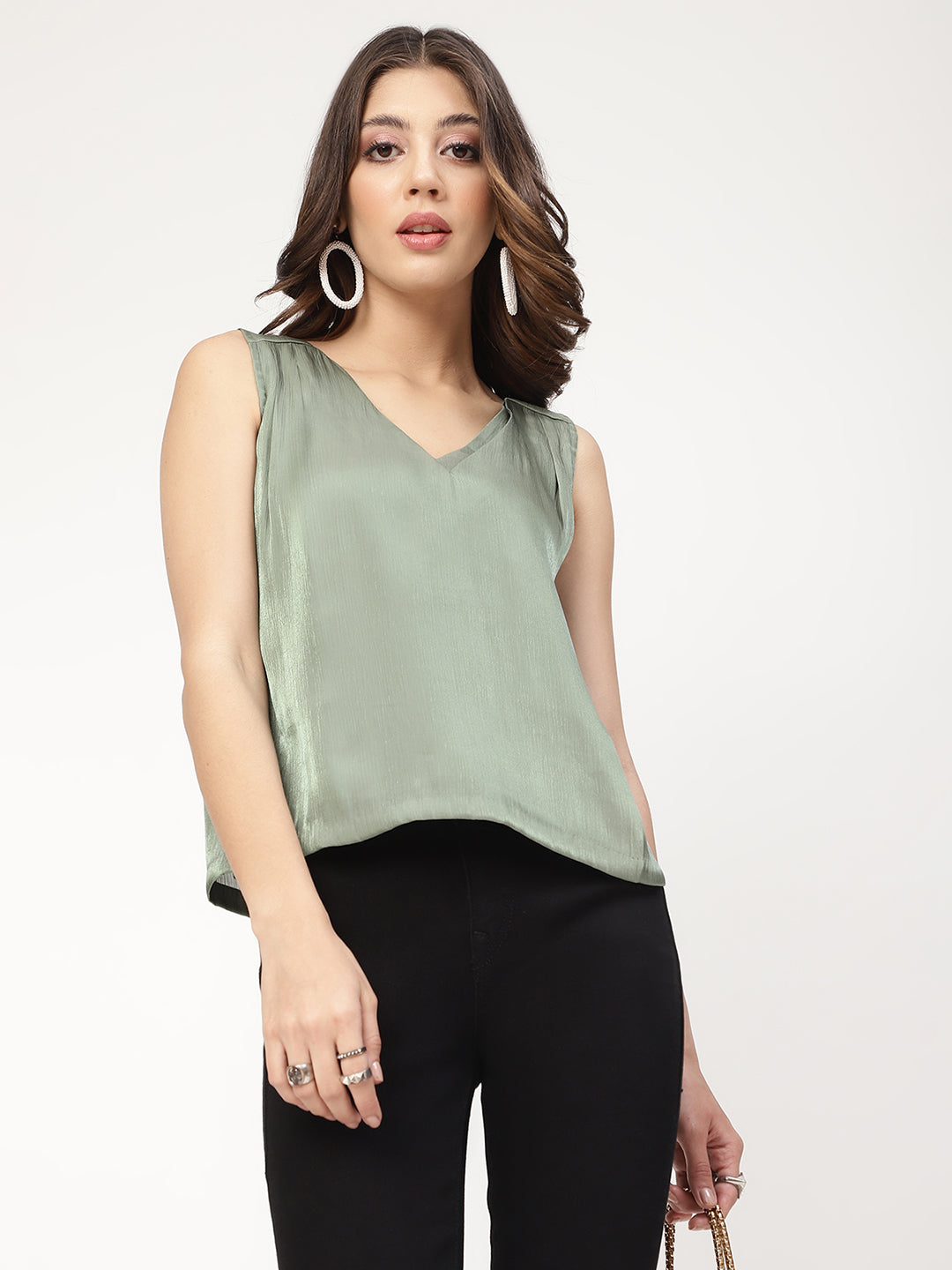 Centre Stage Women Green Solid Square Neck Top