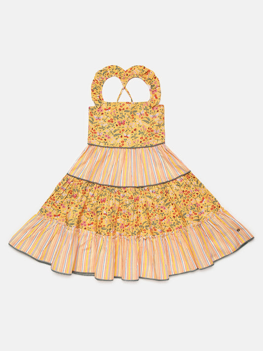 Elle Kids Girls Yellow Printed Round Neck Dress