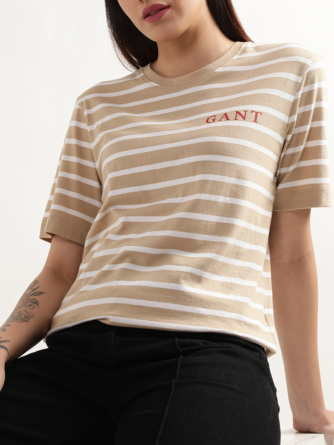 Gant Dark Khaki Preppy Striped Relaxed Fit T-Shirt