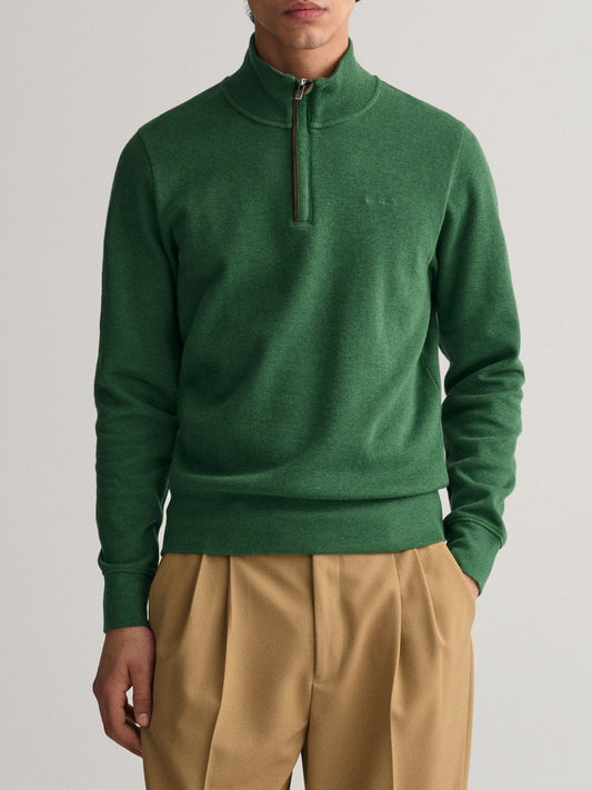 Gant Men Green Solid Full Sleeves Stand Collar Sweatshirt