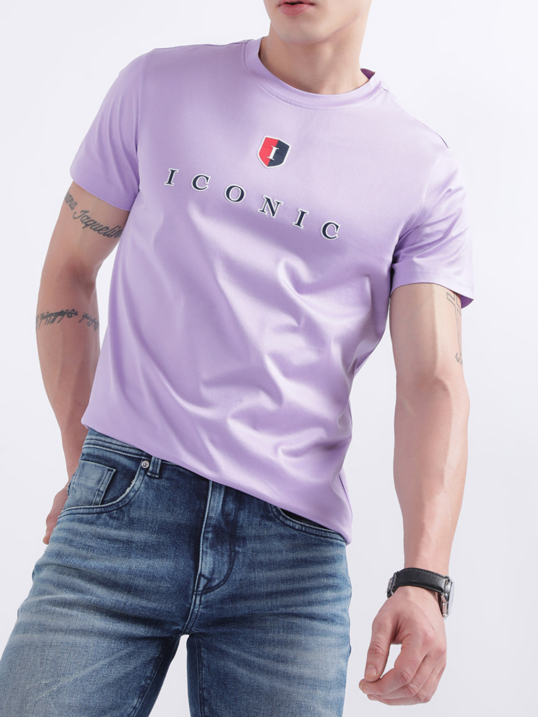 Iconic Men Lilac Solid Round Neck TShirt