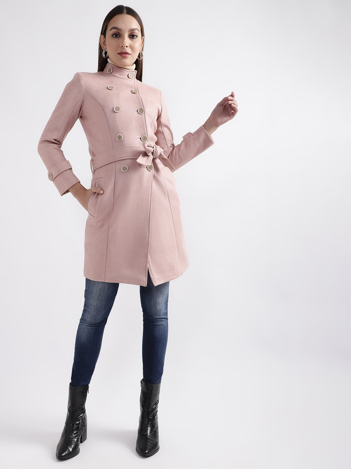 Centre Stage Women Pink Solid Collar Overcoat