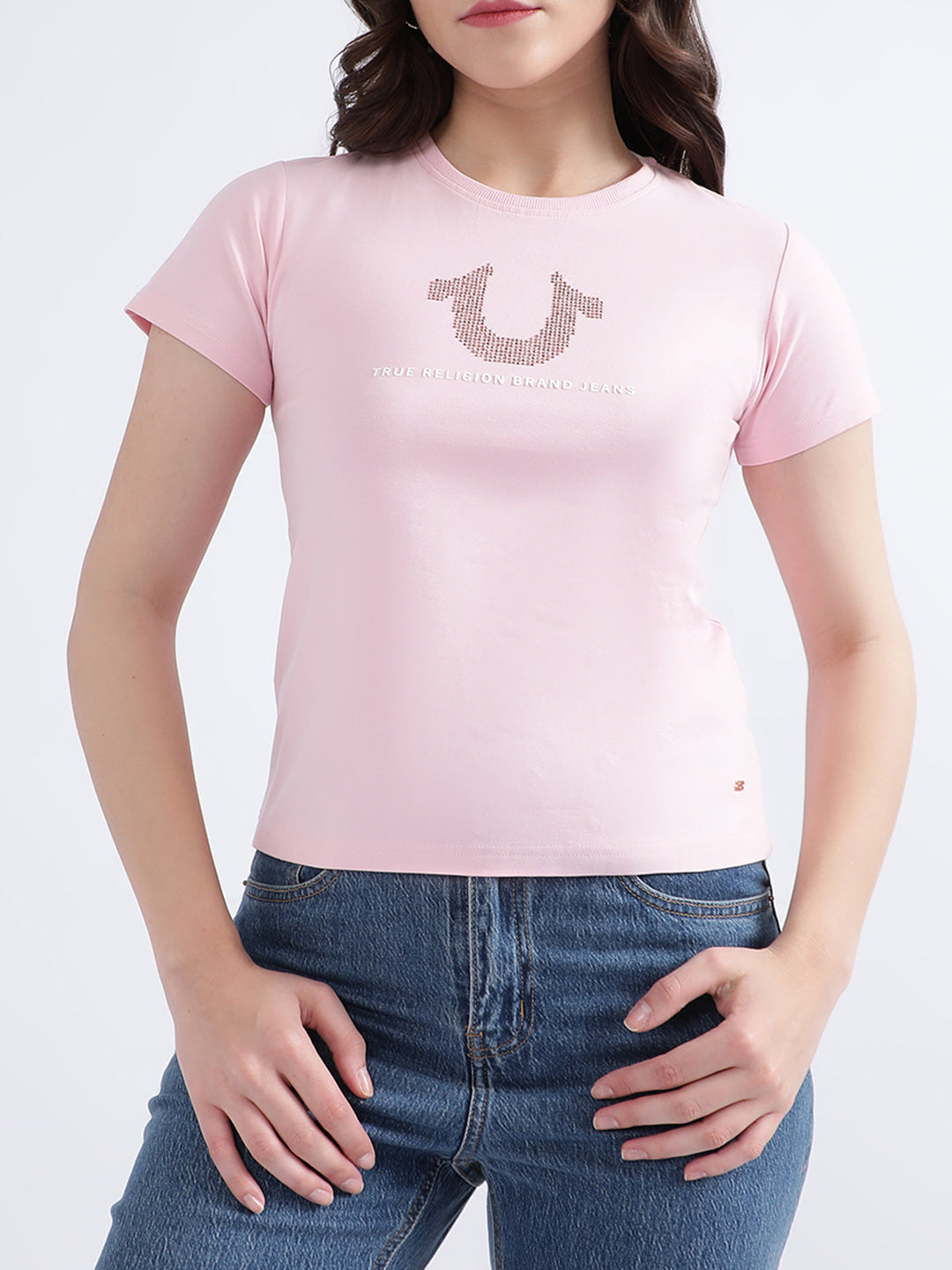 True Religion Women Pink Solid Round Neck TShirt