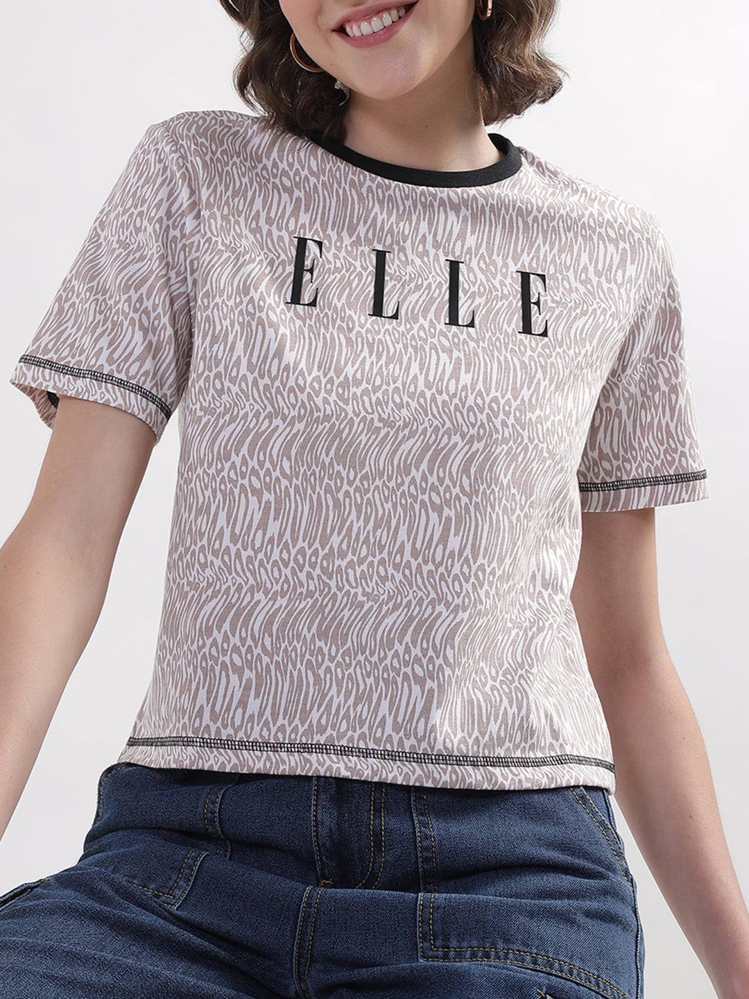 Elle Women Beige Solid Round Neck TShirt