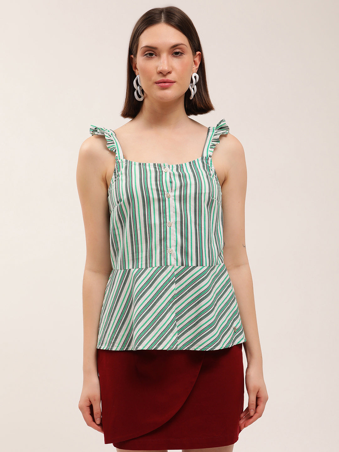 Elle Women Green Striped Square Neck Top
