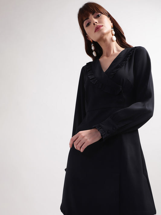 Centre Stage Women Blue Solid V Neck Dress