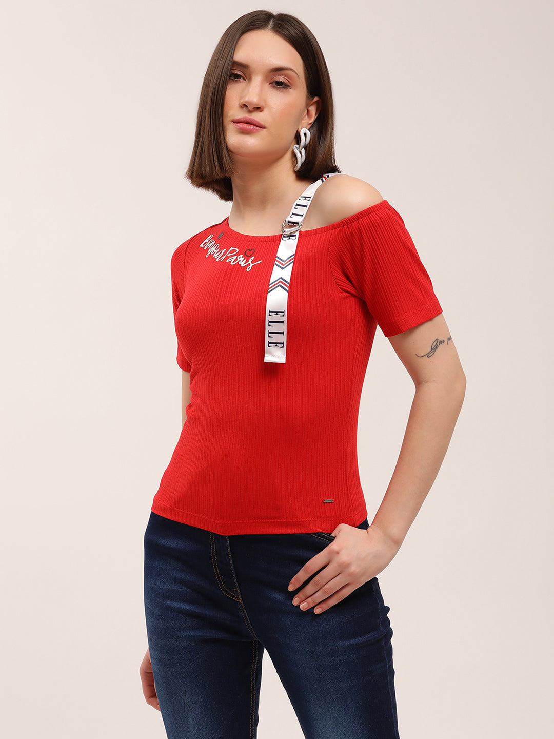 Elle Women Red Solid Assymetrical Neck TShirt