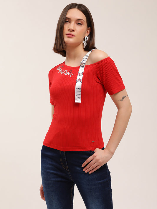 Elle Women Red Solid Assymetrical Neck TShirt