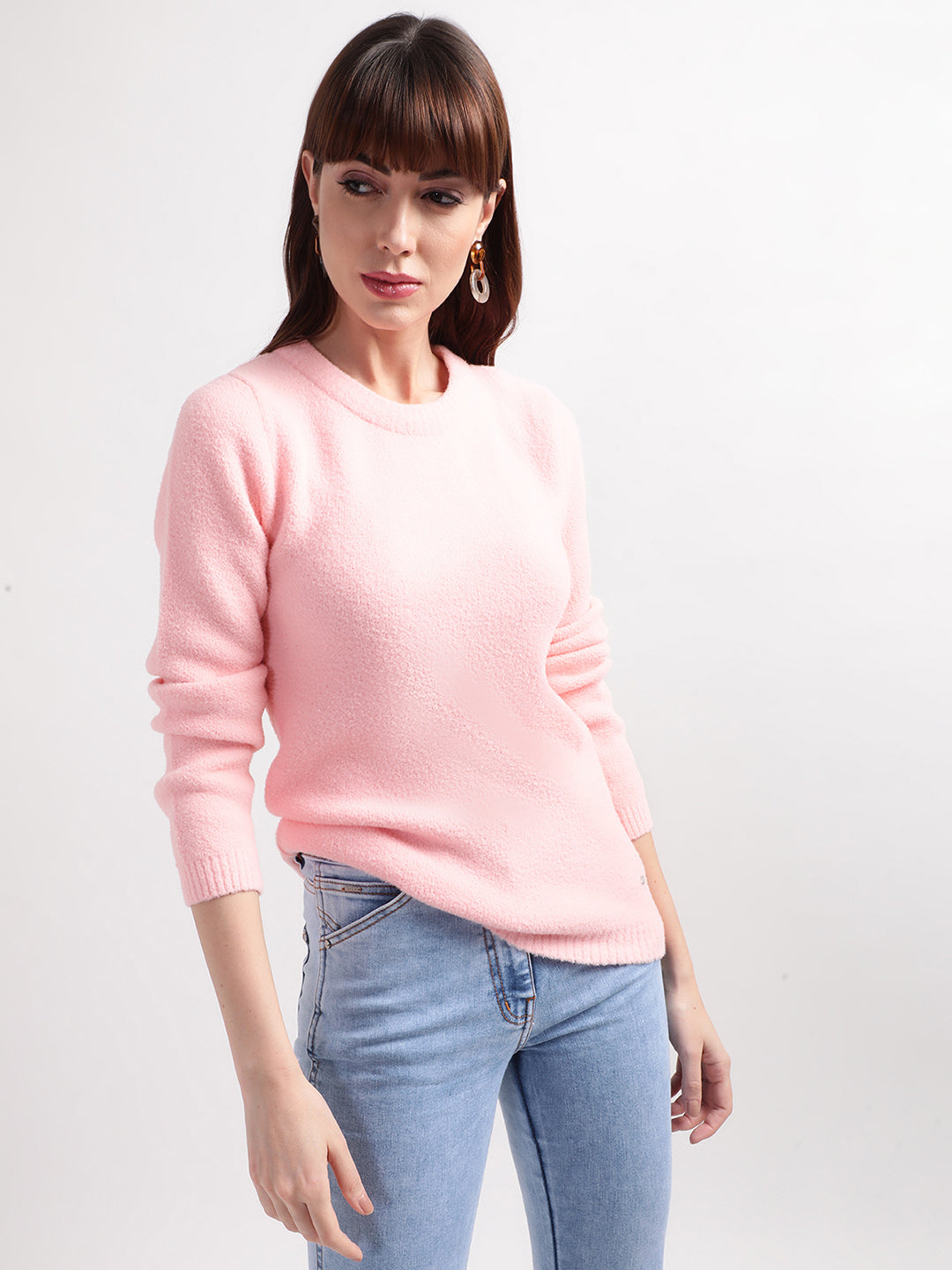 Elle Women Pink Solid Round Neck Sweater