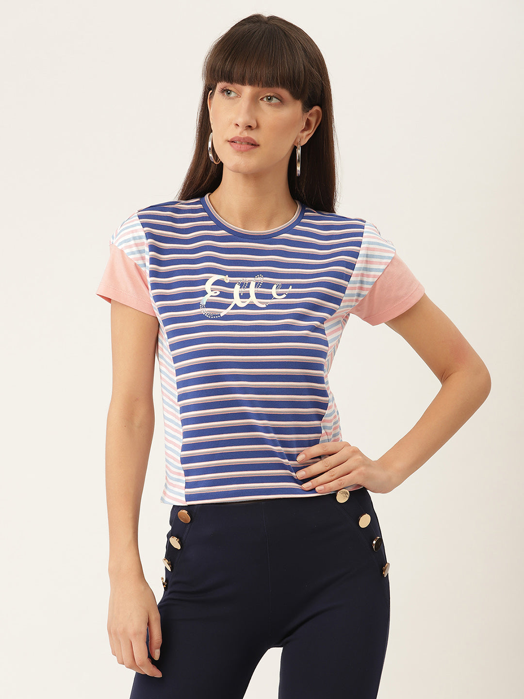 Elle Women Blue Printed Round Neck TShirt