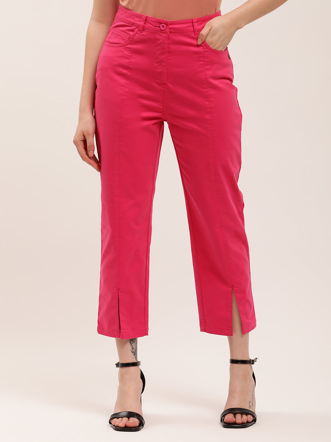 Elle Women Pink Solid Fitted Trouser