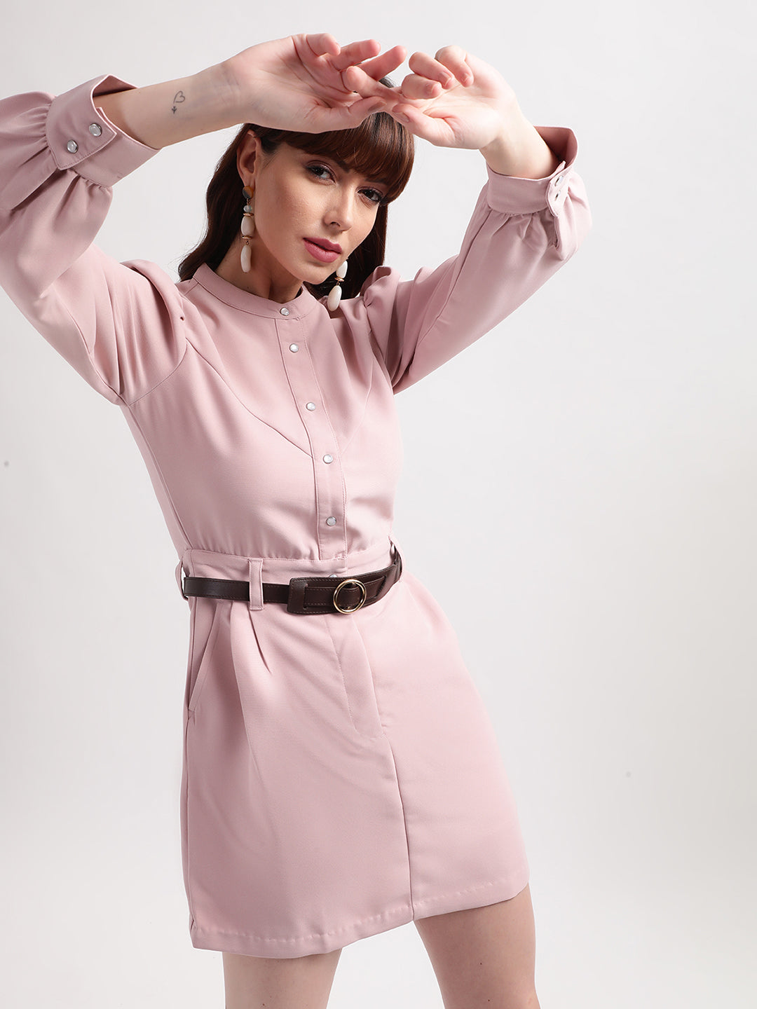 Centre Stage Women Pink Solid Band Collar Dress