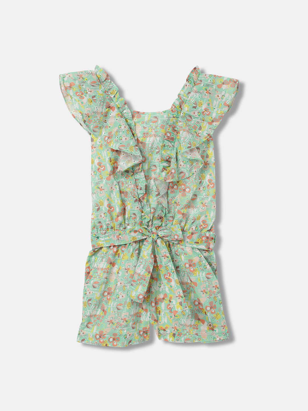Elle Kids Girls Green Printed Round Neck Sleeveless Playsuit