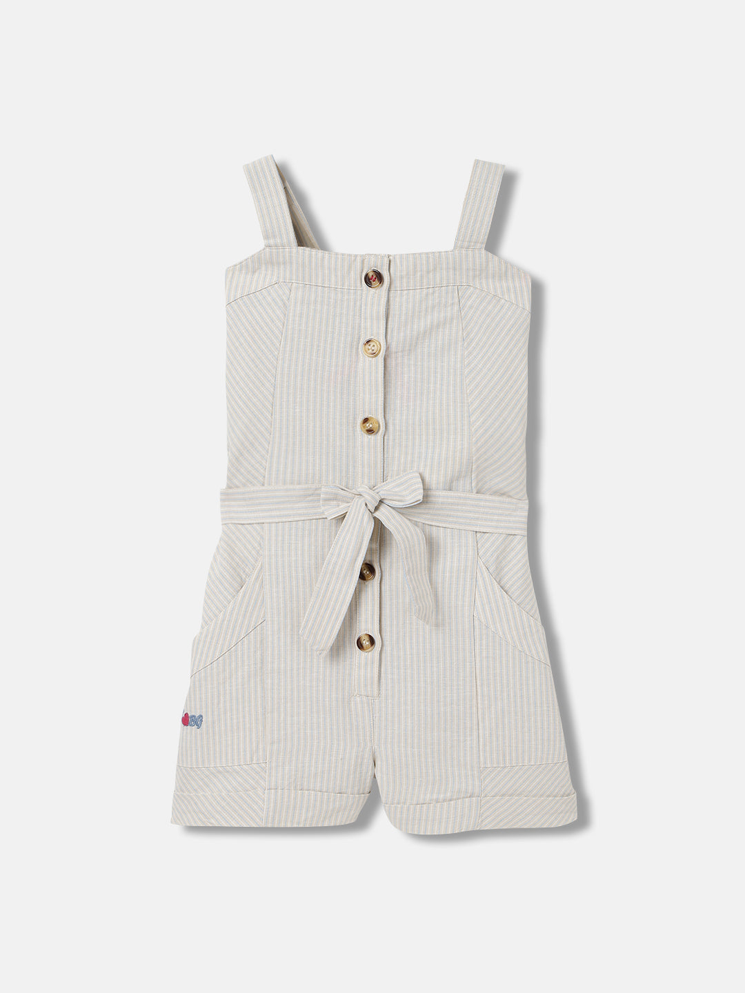 Blue Giraffe Girls Beige Striped Square Neck Sleeveless Playsuit