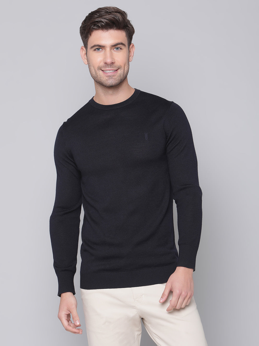 Bruun & Stengade Men Navy Blue Solid Round Neck Sweater