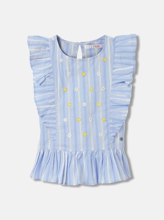 Elle Kids Girls Blue Striped Round Neck Short Sleeves Top