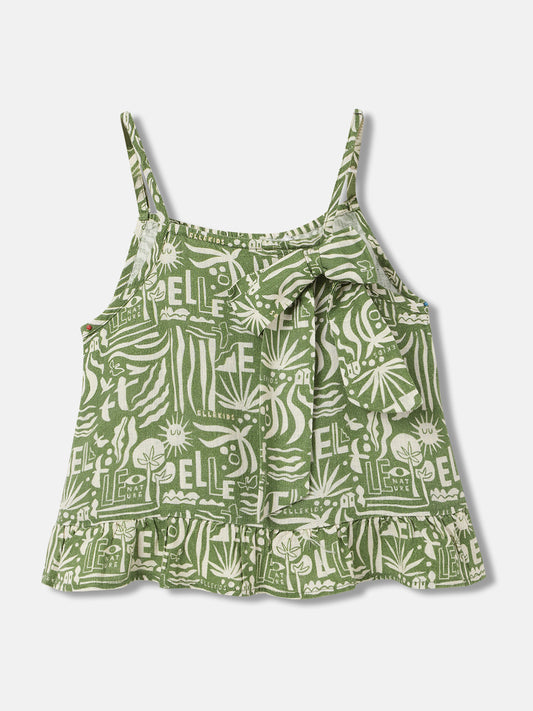 Elle Kids Girls Green Printed Shoulder Straps Sleeveless Top