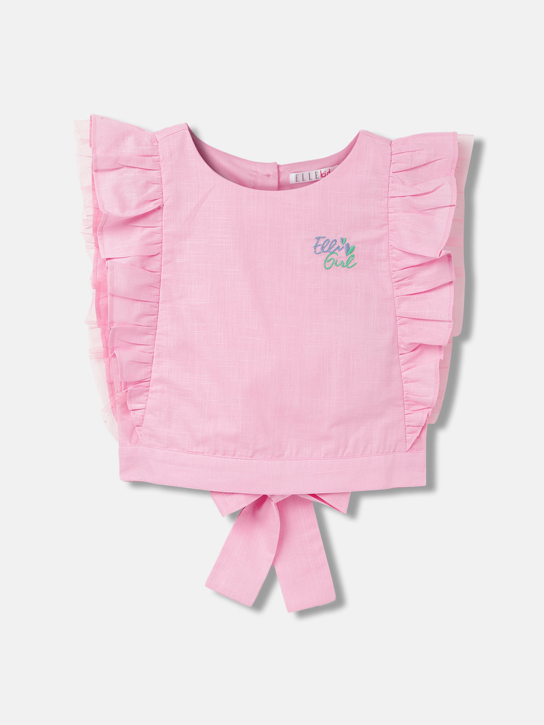 Elle Kids Girls Pink Solid Round Neck Short Sleeves Top