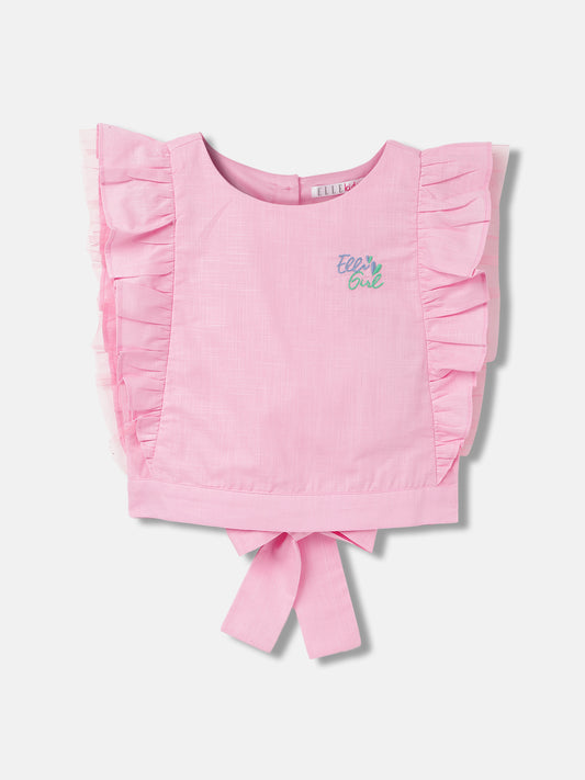 Elle Kids Girls Pink Solid Round Neck Short Sleeves Top