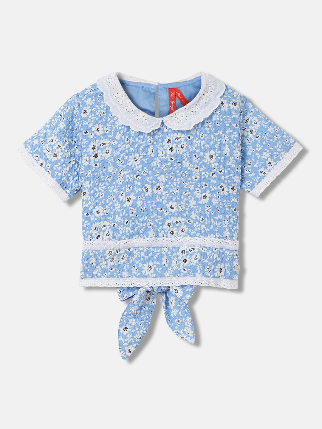 Blue Giraffe Girls Blue Printed Peter Pan Collar Short Sleeves Top