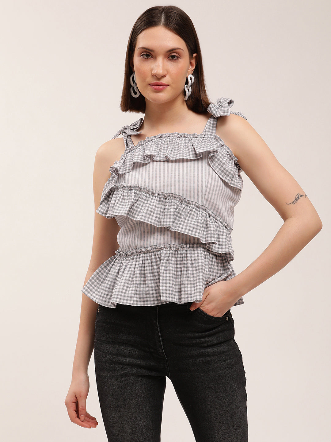 Elle Women Black Striped Assymetrical Neck Top