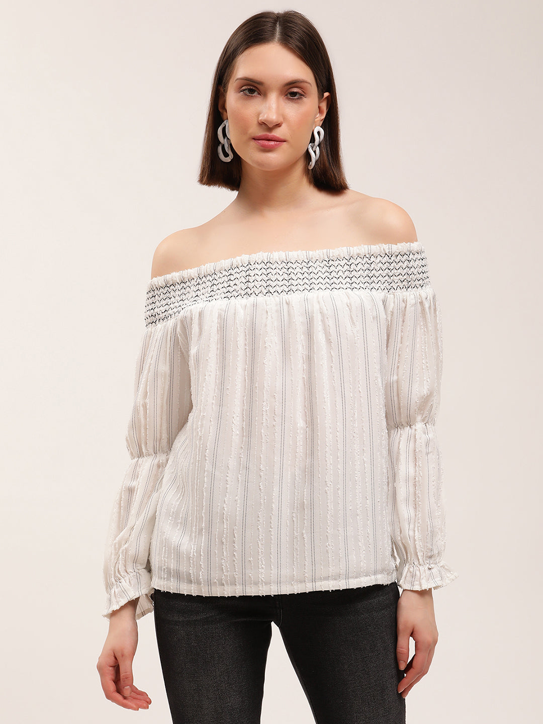 Elle Women White Striped Off Shoulder Top