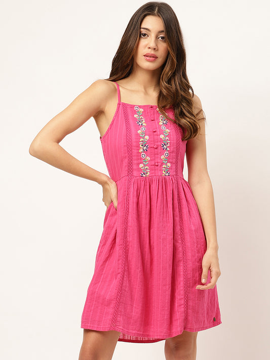 Elle Women Pink Solid Square Neck Dress