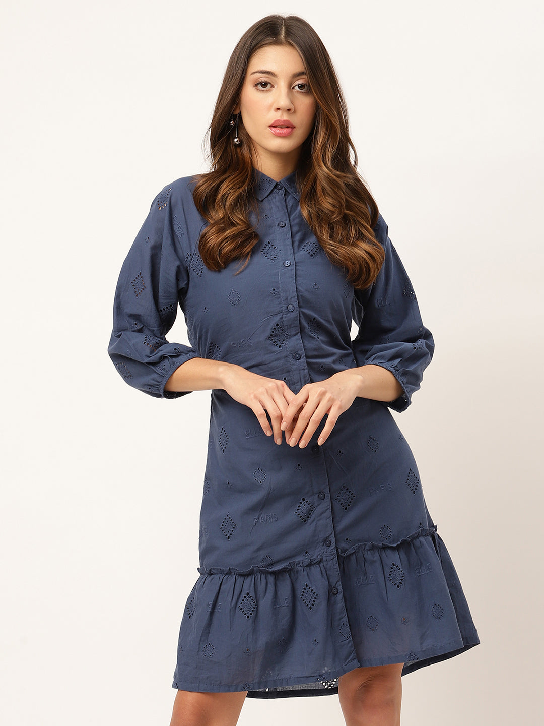 Elle Women Blue Solid Collar Dress