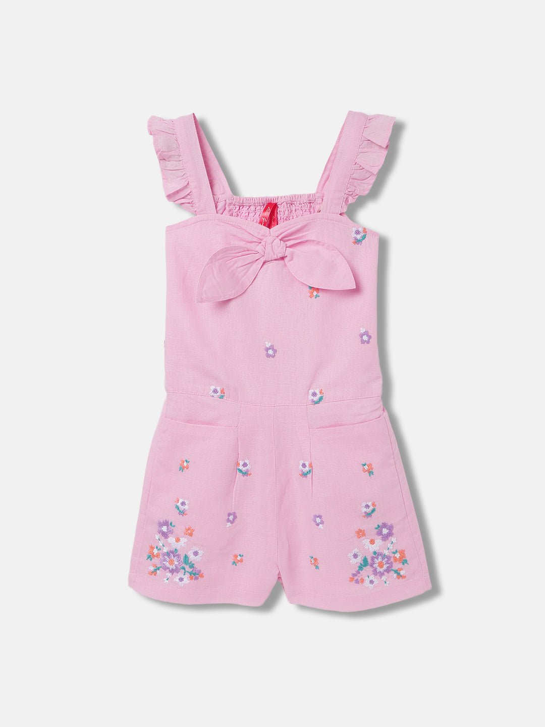 Blue Giraffe Girls Purple Embroidered Square Neck Short Sleeves Playsuit