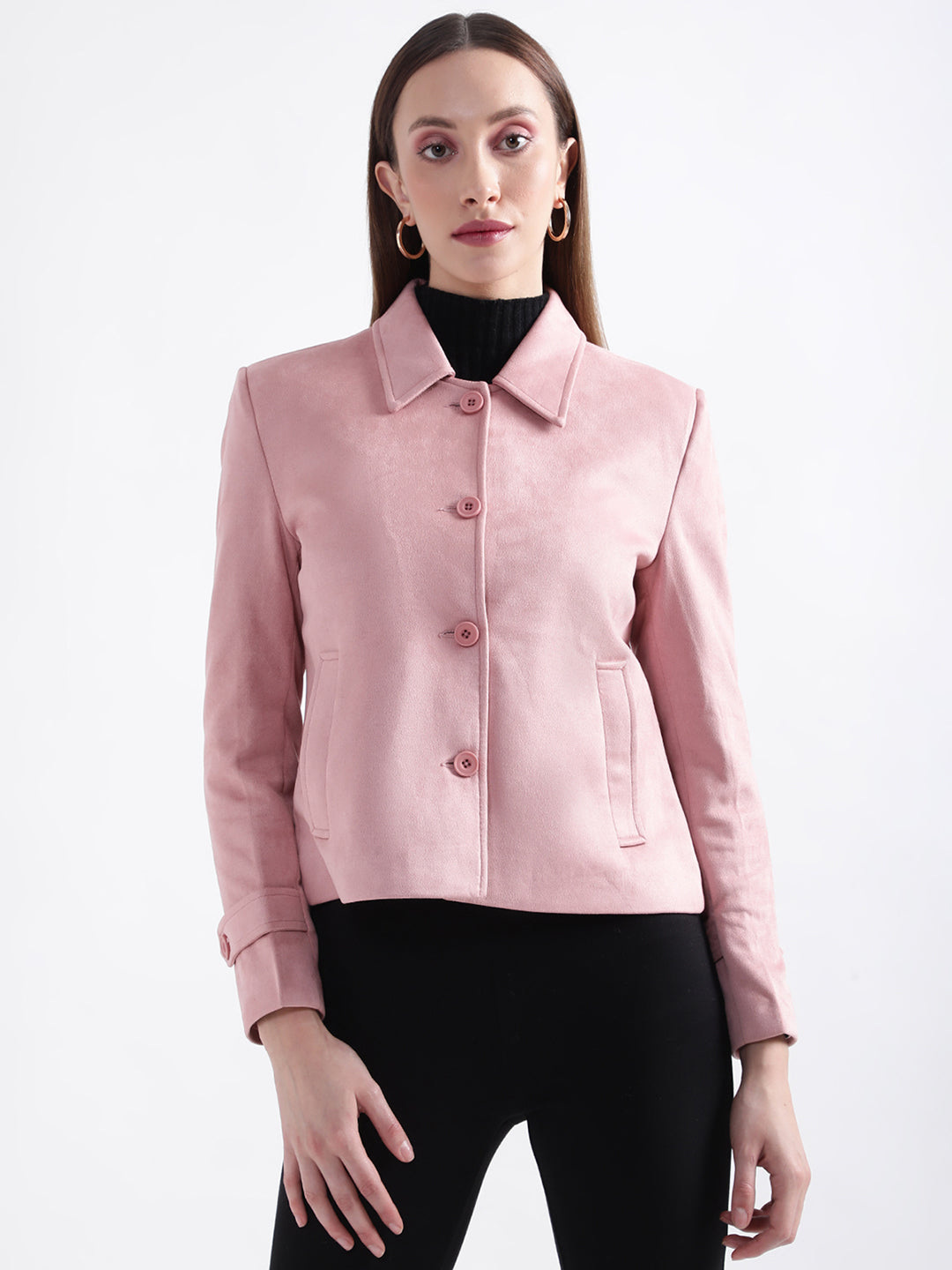 Centre Stage Women Pink Solid Collar Jacket