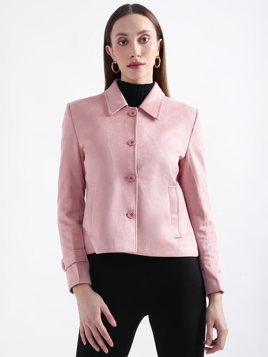 Centre Stage Women Pink Solid Collar Jacket