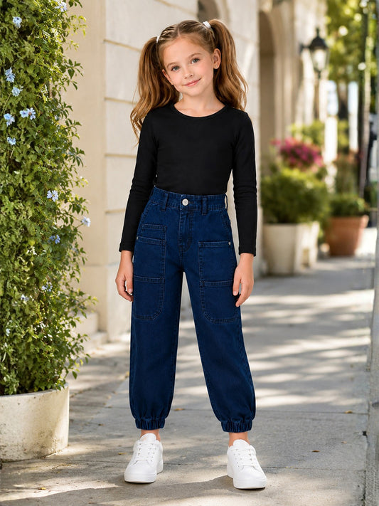 Blue Giraffe Blue Cotton Solid Girls Jeans