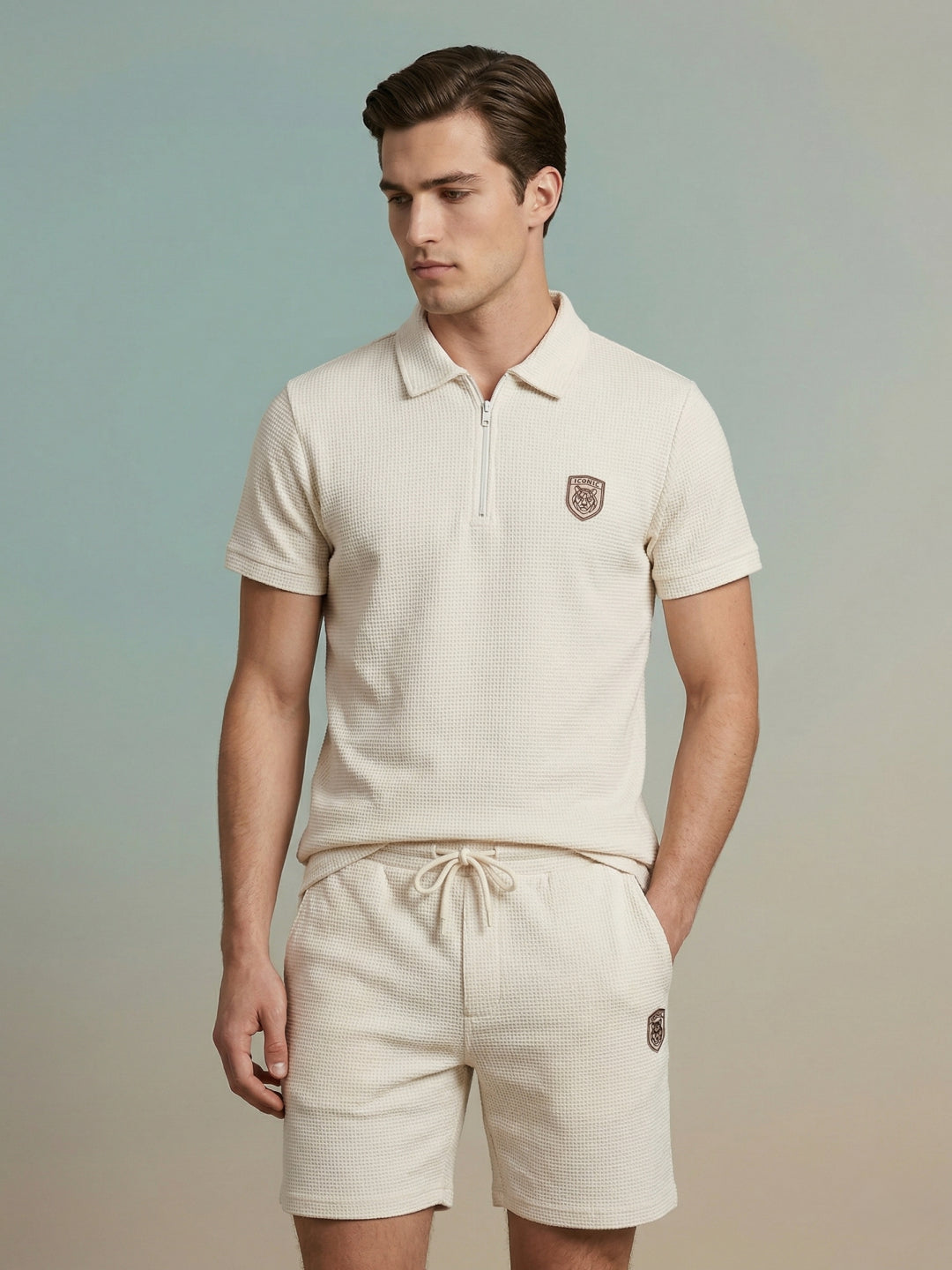 Iconic Men Cream Solid Regular Fit Polo T-Shirt