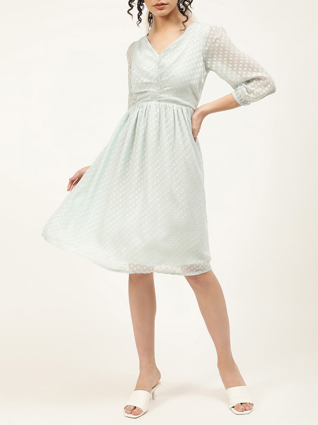 Centre Stage Women Green Self Design V Neck Dress