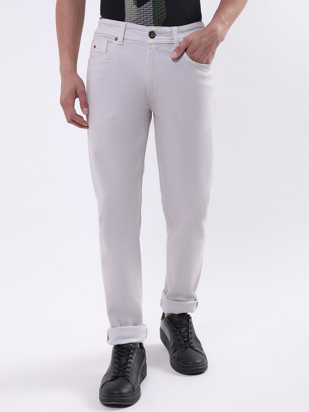 Iconic Men Grey Embroidered Slim Fit Jeans