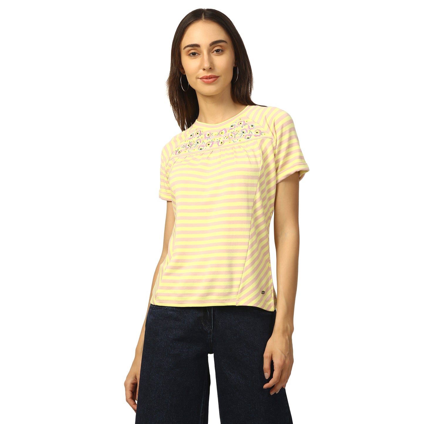 Elle Women Yellow Printed Round Neck TShirt