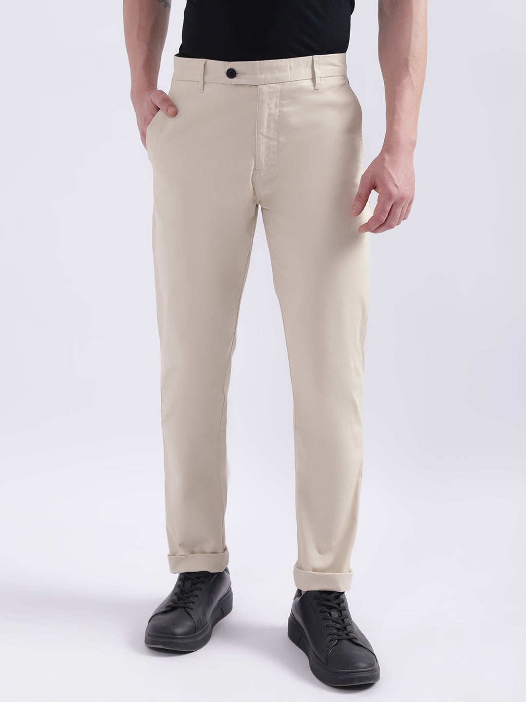 Iconic Men Beige Solid Slim Fit Trouser  ICONIC INDIA
