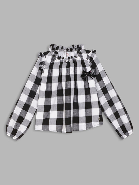 Elle Kids Girls Black Checked Round Neck Top