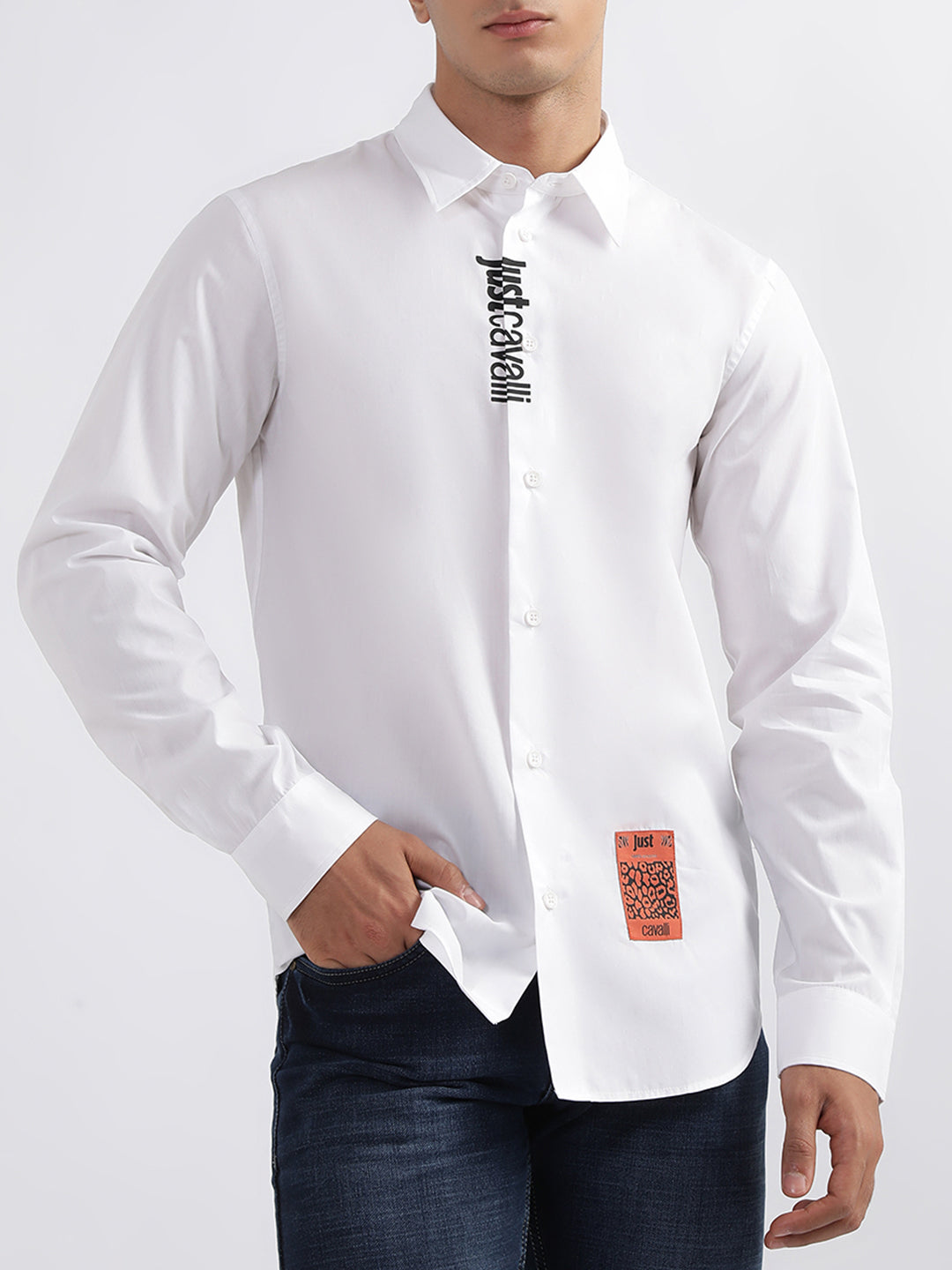 Just Cavalli Men White Solid Collar Shirt