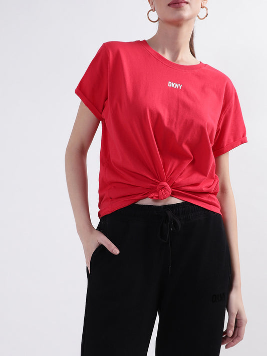 DKNY Women Red Solid Round Neck TShirt