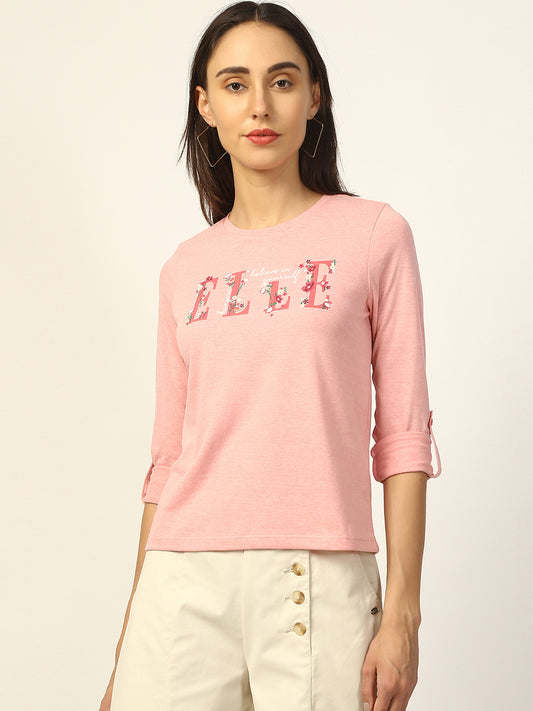 Elle Women Pink Embroidered Round Neck TShirt