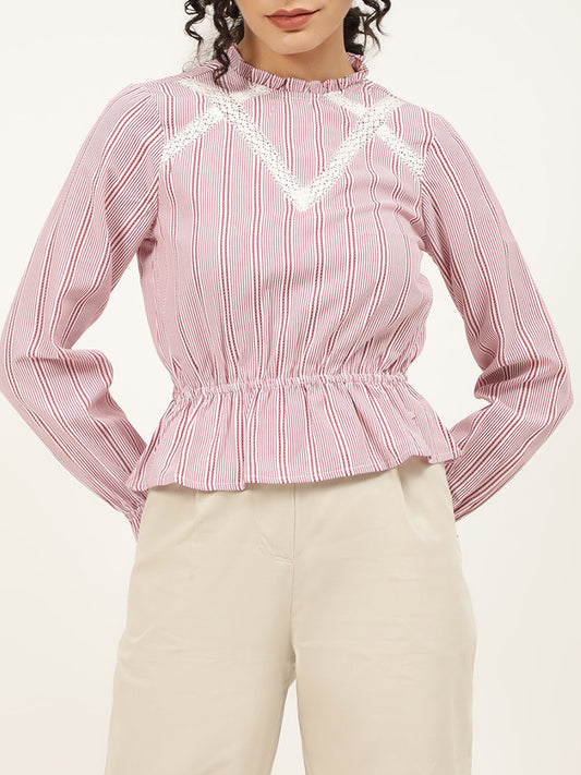 Elle Women Lilac Striped Round Neck Top