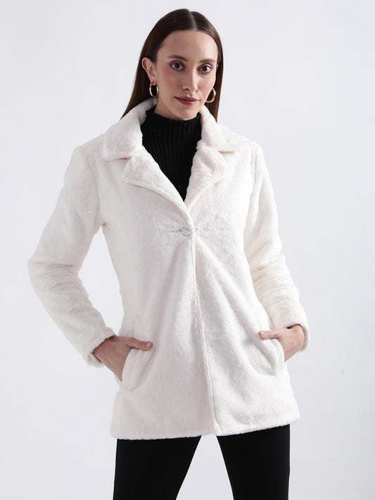 Centre Stage Women White Solid Collar Overcoat