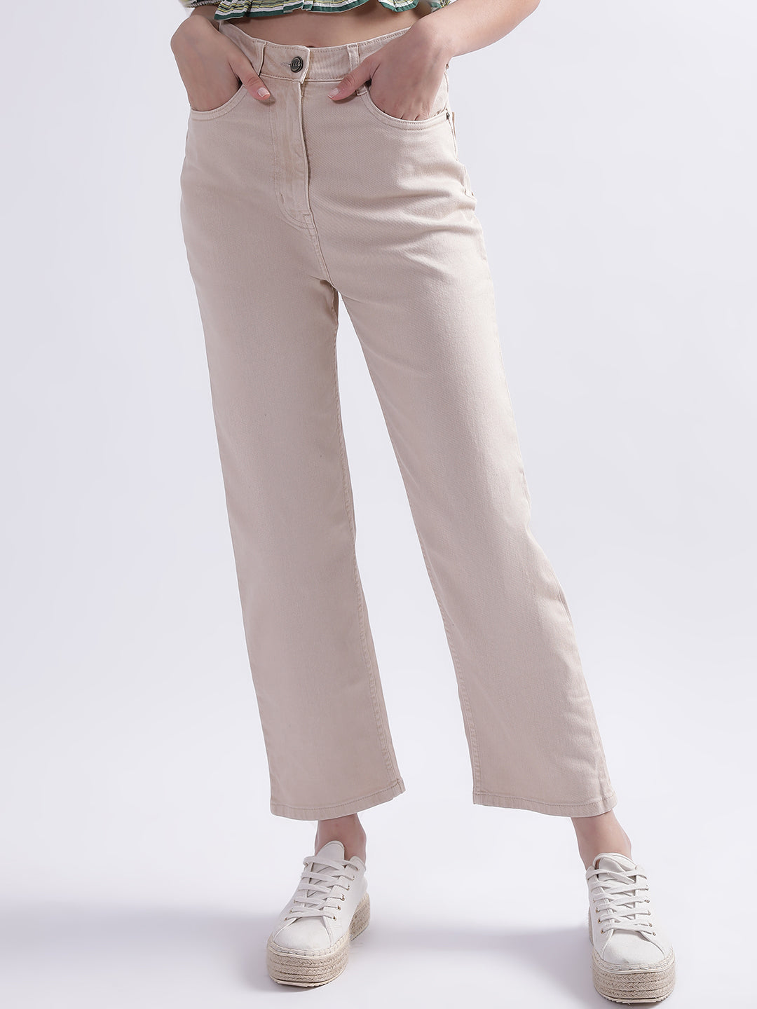 Elle Women Beige Solid Regular Fit Jeans