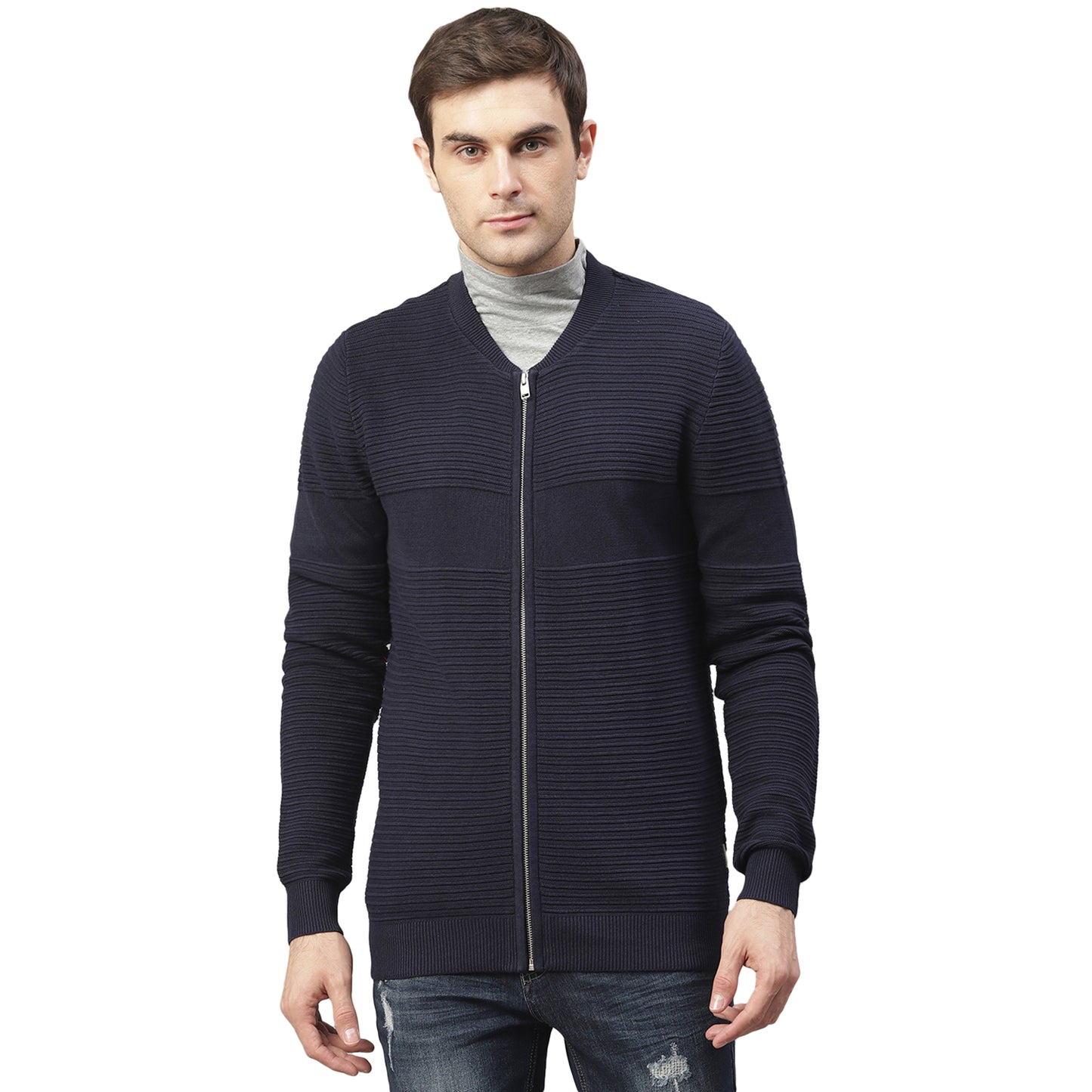 Lindbergh Men Blue Solid Mandarin Collar Sweater