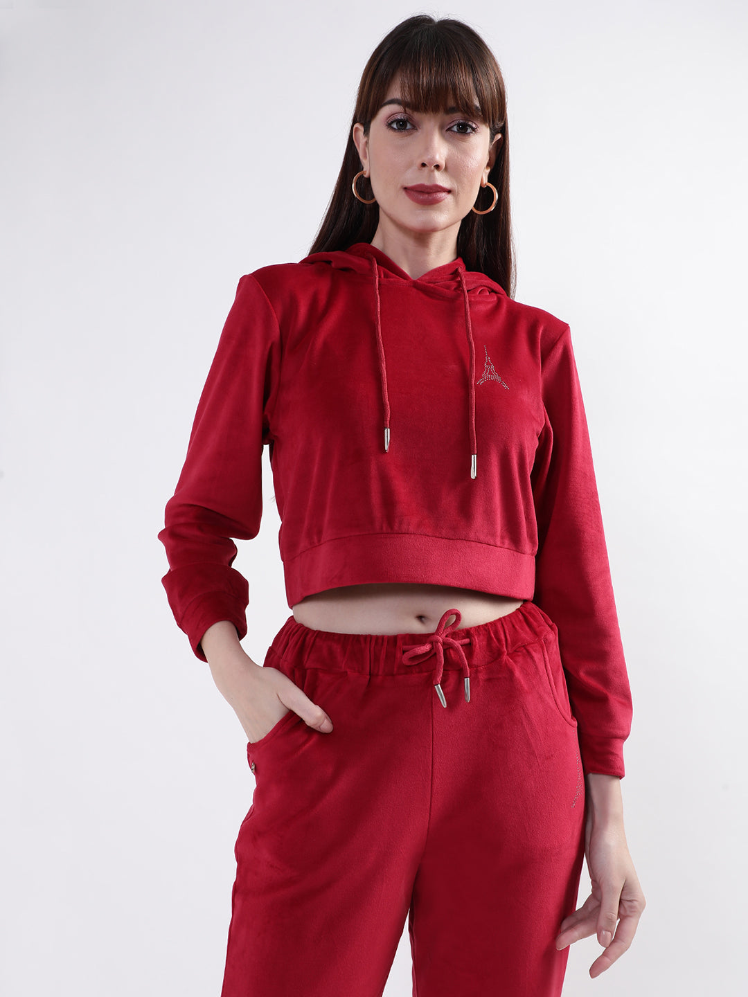 Elle Women Maroon Solid Hooded Sweatshirt