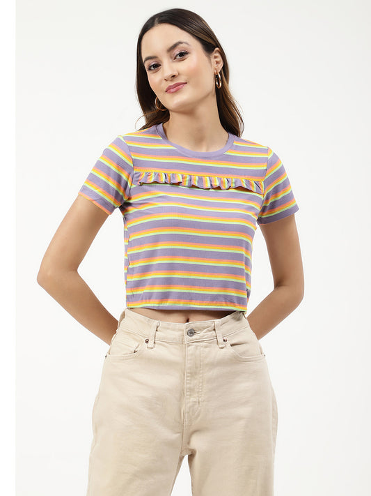 Elle Women Multi Striped Round Neck TShirt