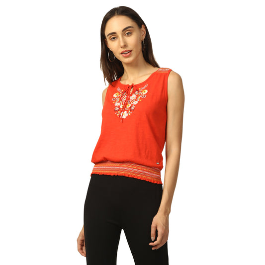 Elle Women Coral Embroidered Round Neck TShirt
