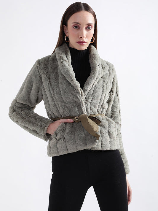 Centre Stage Women Grey Solid Collar Jacket