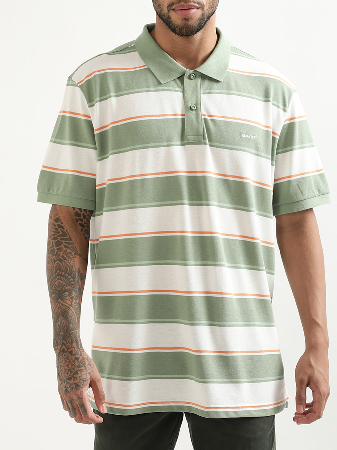 Gant Green Striped Regular Fit Polo T-Shirt